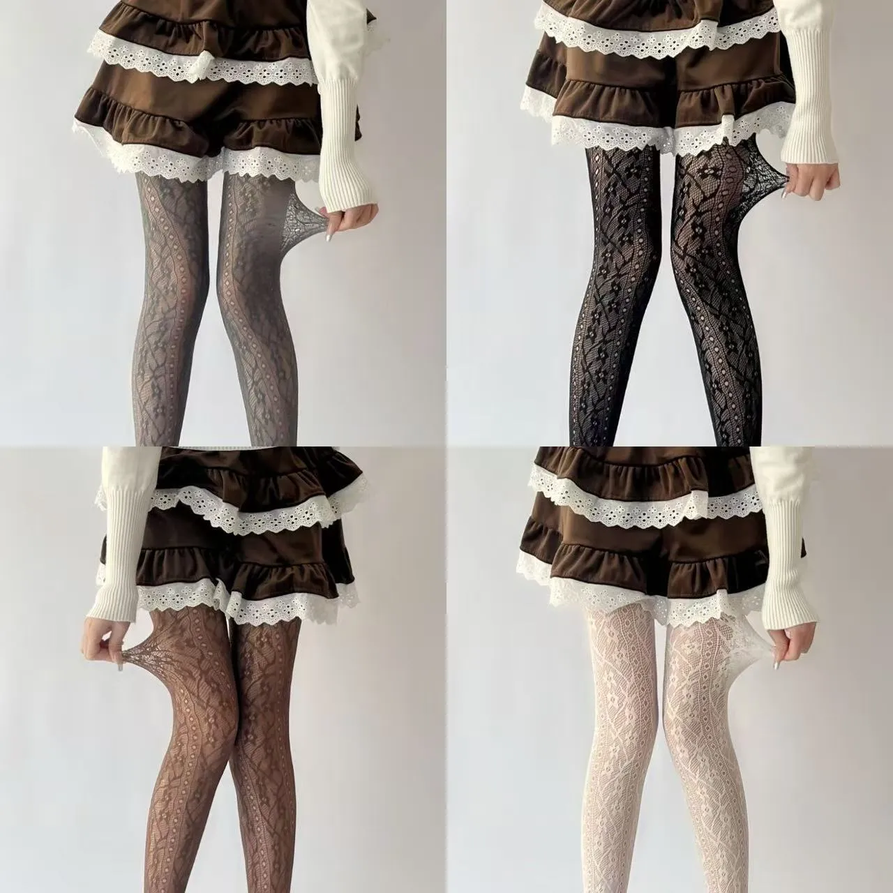 Women French Vintage Floral Vertical Stripe Jacquard Tights High Elastic Breathable Sheer Pantyhose Stockings
