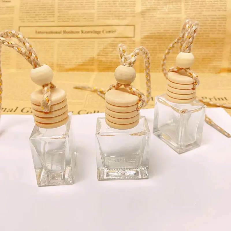 Car Perfume Bottle Hanging Glass Essential Oil Diffuser Minimalist Square Bottle With Wooden Cap And Rope Car Interior Decoration Pendant