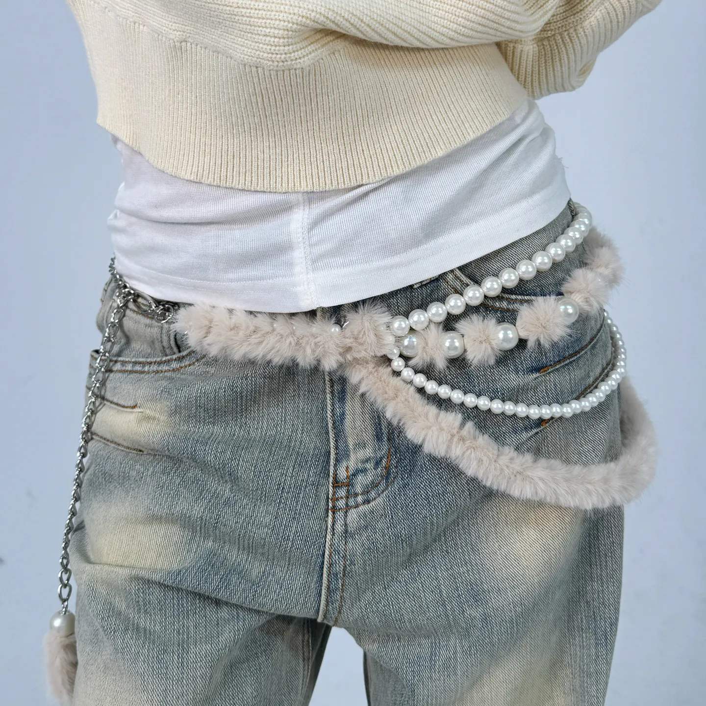 Damen Perlen Taillenkette Mehrschichtig Kunstfell Taillengürtel Y2K Mode Kleid Pullover Jeans Metall Dekorativer Körperschmuck