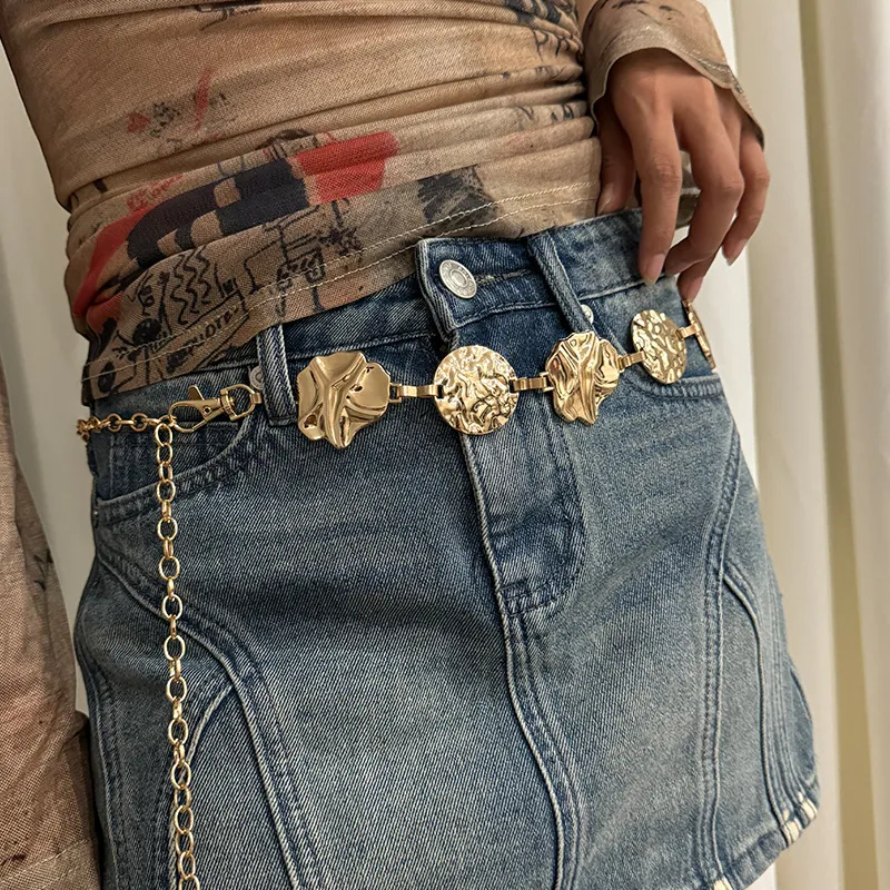 Damen Metall Taillenkette Gürtel Verstellbar Unregelmäßige Münze Anhänger Körperkette Kleid Jeans Dekorative Bund Schmuck