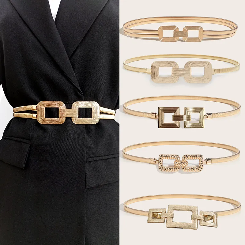 Damen Metall Feder Taille Kette Elastischer Gürtel Gold Silber Legierung Schnalle Kleid Mantel Mode Zubehör