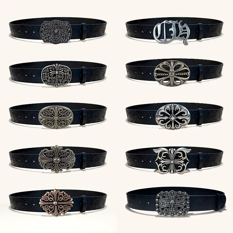 Style Cowboy Occidental Boucle Croix Classique Ceinture en Cuir PU Gaufrée Homme Femme Casual Vintage Gothique Ceinture de Taille