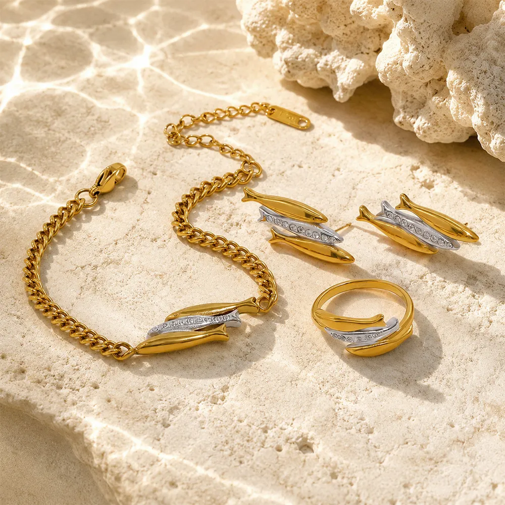 Stainless Steel Three Fish Jewelry Set Gold Silver Two Tone Rhinestone Bracelet Ring Stud Earrings Fashion Jewelry Gift