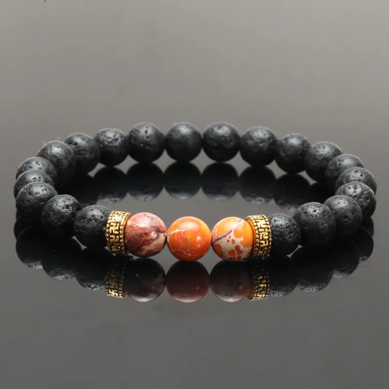 Natural Lava Stone Yoga Energy Bracelet Antique Gold Alloy Spacer Beads Semi Precious Imperial Jasper Beaded Bangles For Unisex Everyday Fashion Jewelry