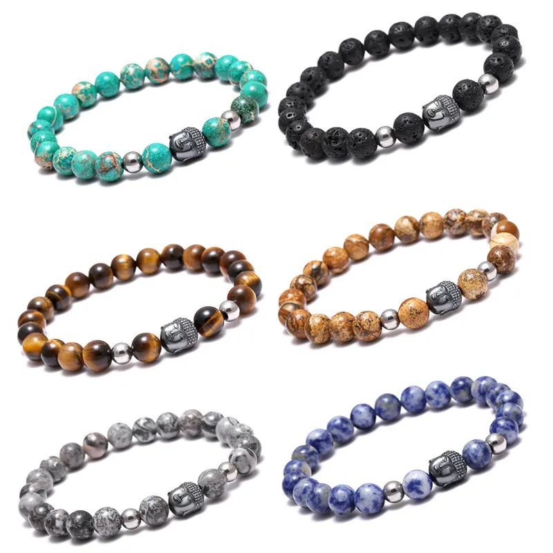 Bracelet de Perles en Pierre Naturelle pour Hommes Agate Pierre Volcanique Tête de Bouddha Yoga Guérison Équilibre Bijoux