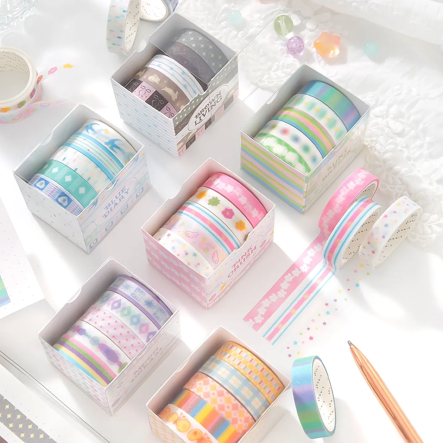 Lot de 5 Rouleaux de Ruban Washi Pailleté Série Sugar Fantasy Ruban de Masquage Décoratif pour Scrapbooking Journaling DIY Papeterie