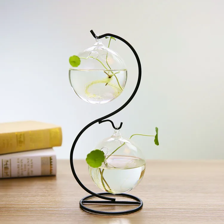 Vase en Verre Suspendu de Style Européen Terrarium pour Plantes Hydroponiques avec Support en Fer Pot de Fleurs de Bureau Transparent Décoration de la Maison