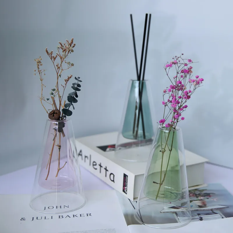 Nordic Minimalist Double Layer Colored Glass Vase Creative Transparent Aromatherapy Cup Desktop Ornament