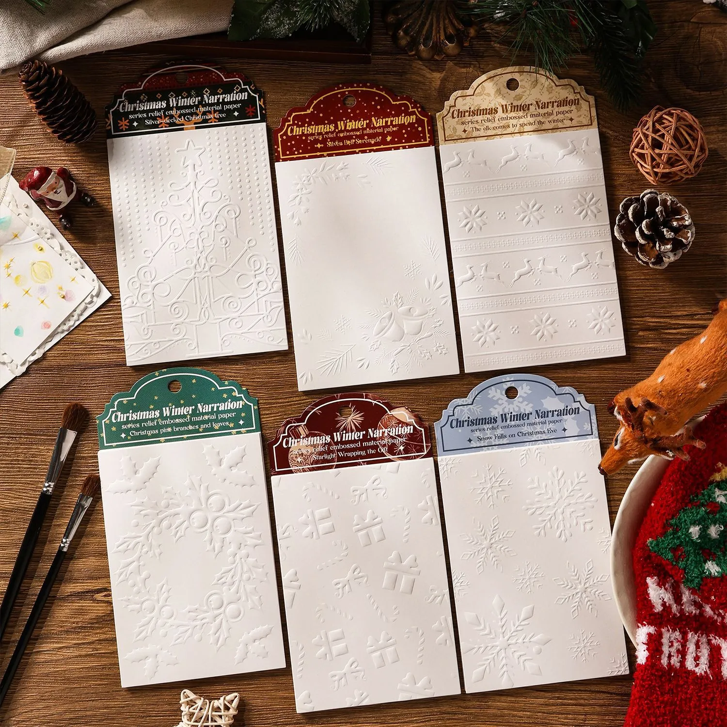 Carta per Scrapbooking in Rilievo Natalizia Serie Narrazione Invernale Carta Kraft Bianca Per Diario Fai-da-te Carta Decorativa per Sfondo Cancelleria Vintage
