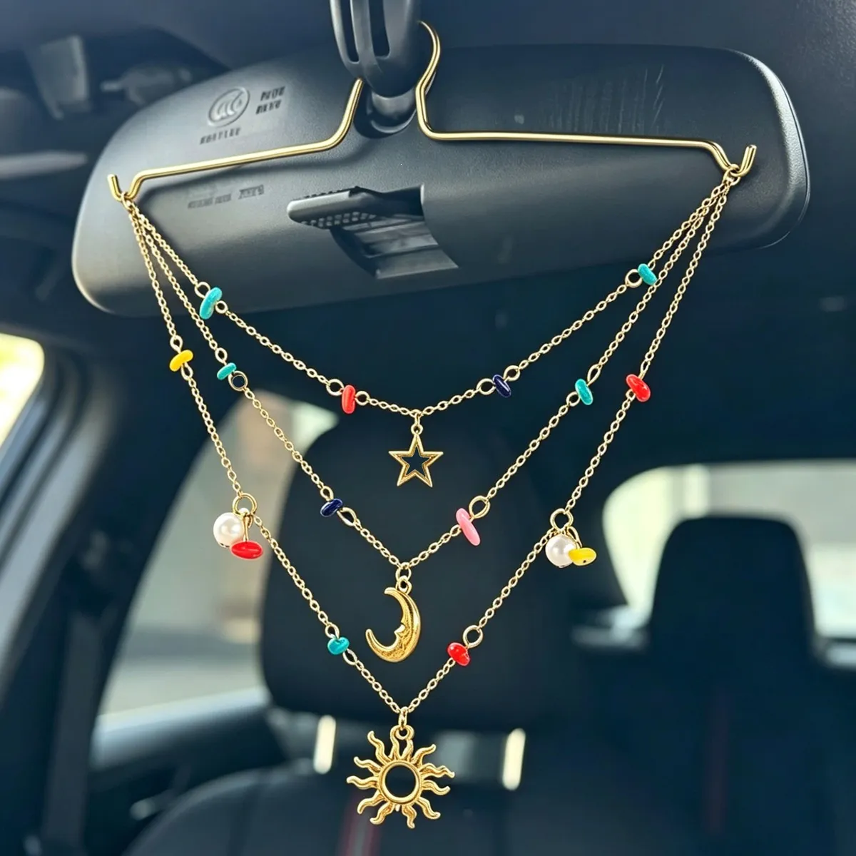Multilayer Sun Moon Star Car Hanging Decoration Gold Plated Iron Chain Artificial Pearl Car Rearview Mirror Ornament
