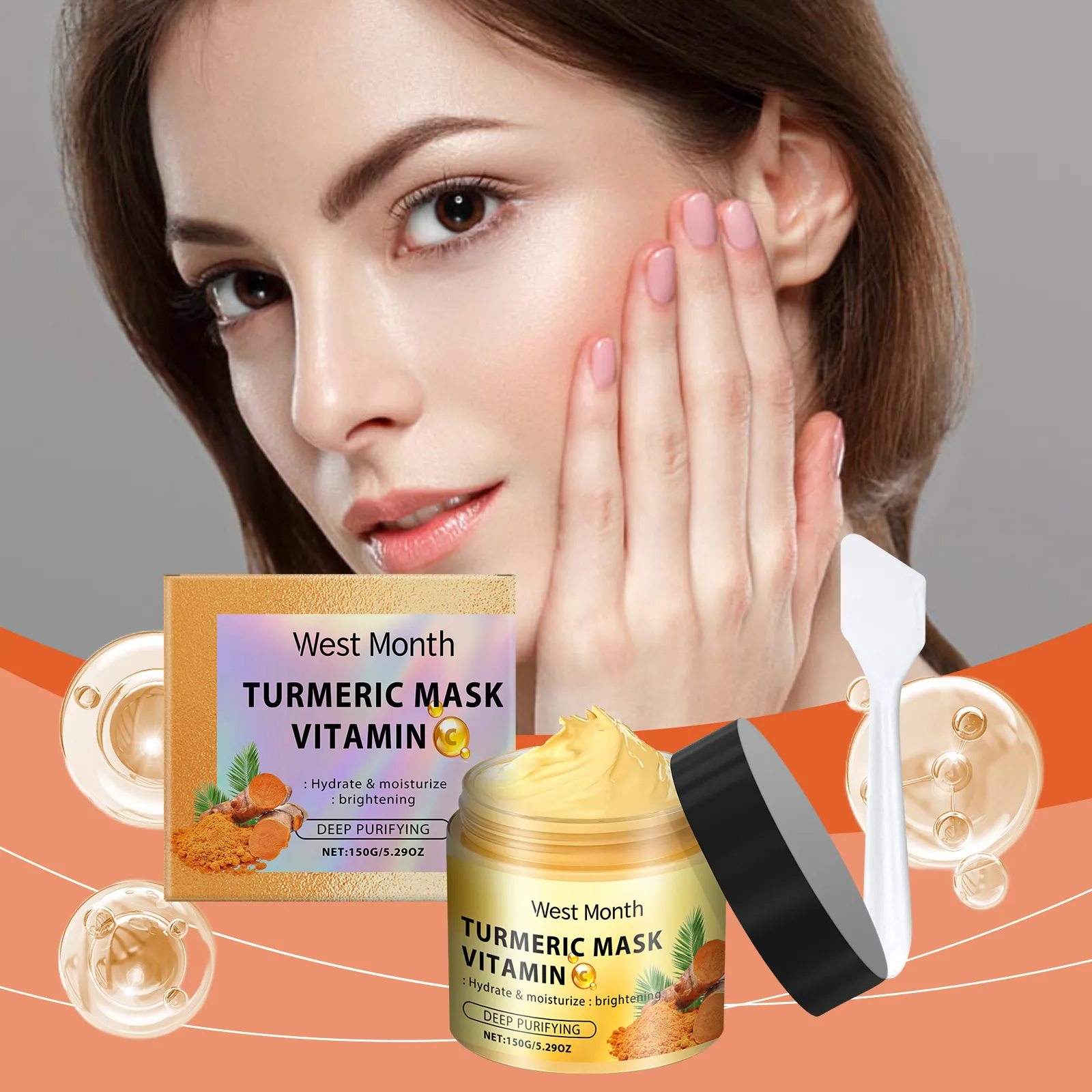 Vitamine C Kurkuma Klei Masker Diepe Reiniging Hydraterend Verhelderend Gezichtsmasker met Penseel