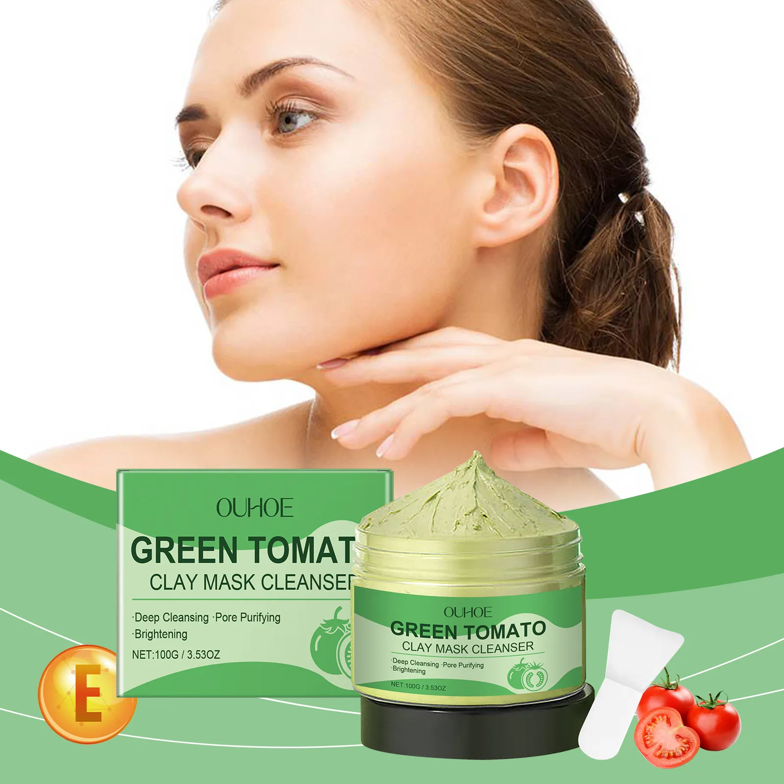 Groene Tomaten Kleimasker Diepe Reiniging Zuiverend Moddermasker Poriën Verkleinen Oliecontrole Huidverzorging met Borstel
