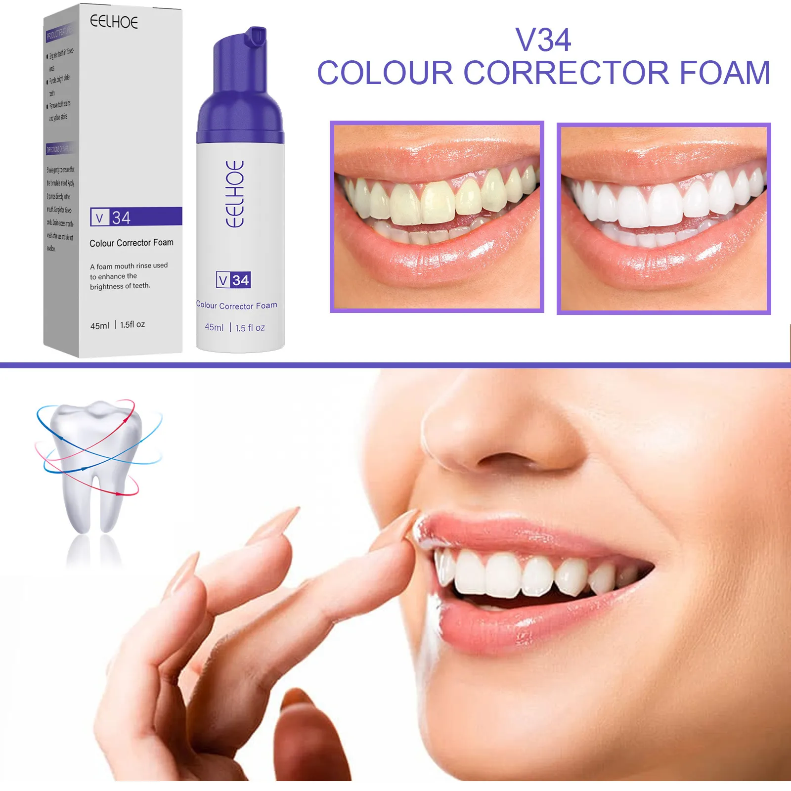 V34 Correcteur de Couleur Mousse Dentifrice Blanchiment Nettoyage Élimination des Taches Profondes Haleine Fraîche Soins Bucco-dentaires Flacon Pompe