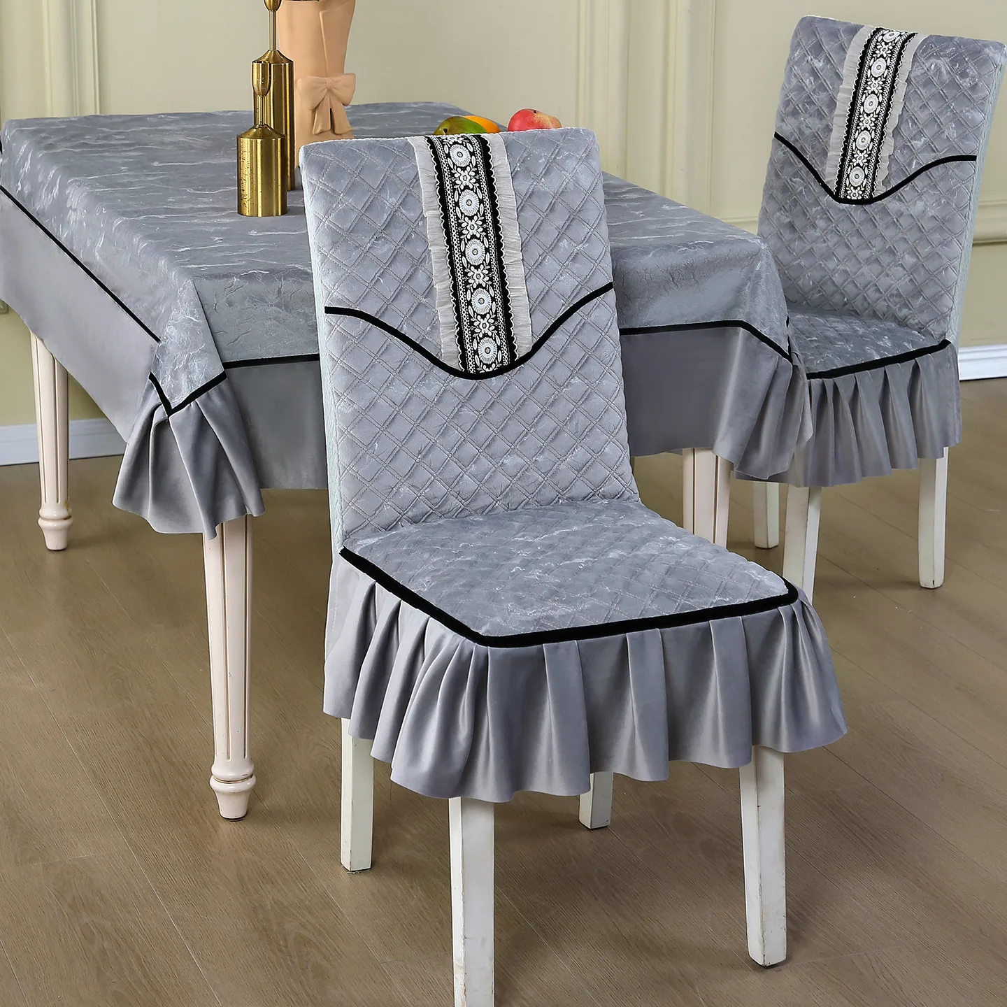 New Chinese Quilted Chair Cover And Tablecloth Set Elastic Anti Slip Dining Room Furniture Protector Home Textile