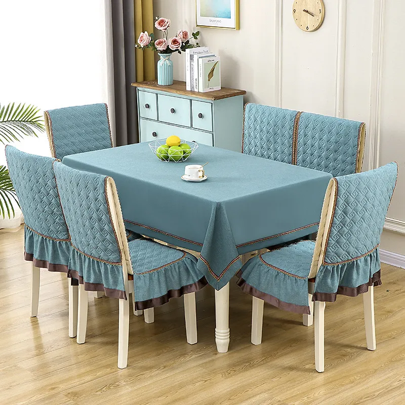 Nordic Quilted Cotton Linen Tablecloth And Chair Cover Set Dining Room Table Cloth Ruffle Chair Cushion Protector