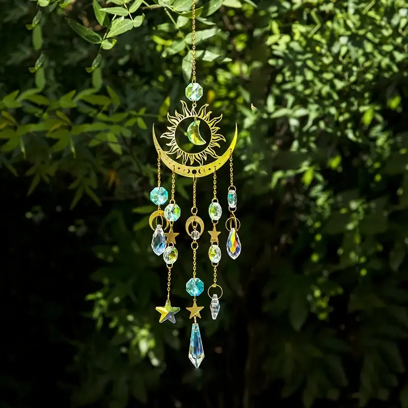 Lune de Flamme Cristal Attrape-soleil Carillon Éolien Pendentif Métal Creux Étoile Soleil Design Arc-en-ciel Prisme Pour Jardin Déco Maison