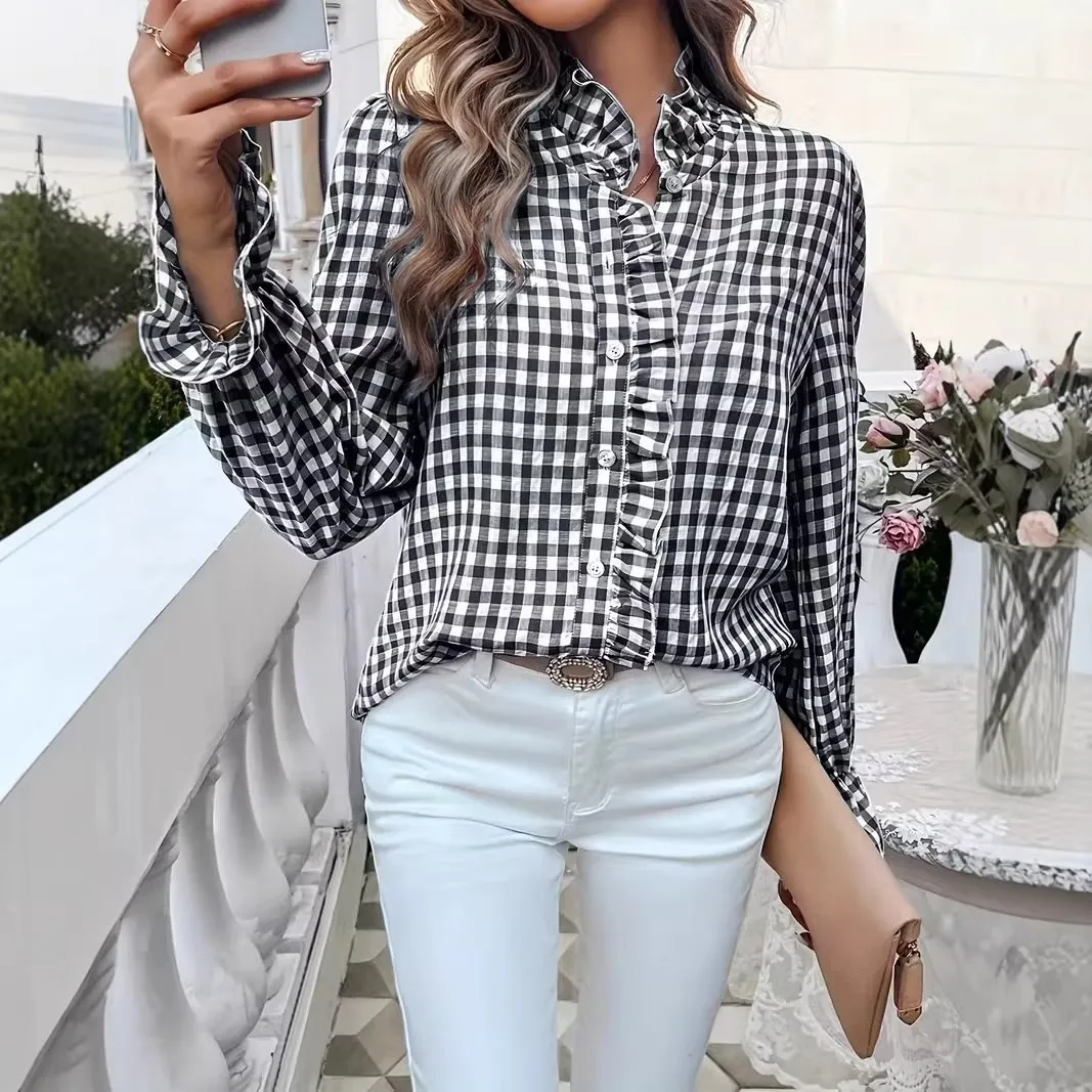 Damen Casual Langarm Karo Bluse Stehkragen Rüsche Einreihig Elegant Lose Hemd Frühlingsmode Tops