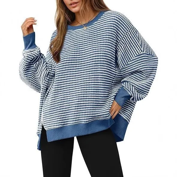 Dames Casual Wafelstreept Langarm Ronde Hals Sweatshirt Losse Pullover Met Zijsplit Effen Kleur Dagelijkse Basis Tops