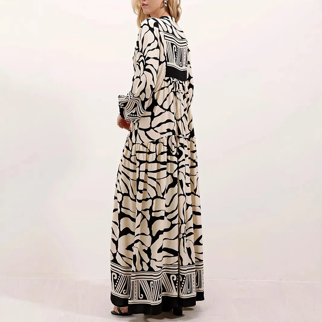 Women's Elegant Long Sleeve V-Neck Abstract Print Maxi Dress Casual Loose Belted Long Robe Dress With Lantern Sleeves