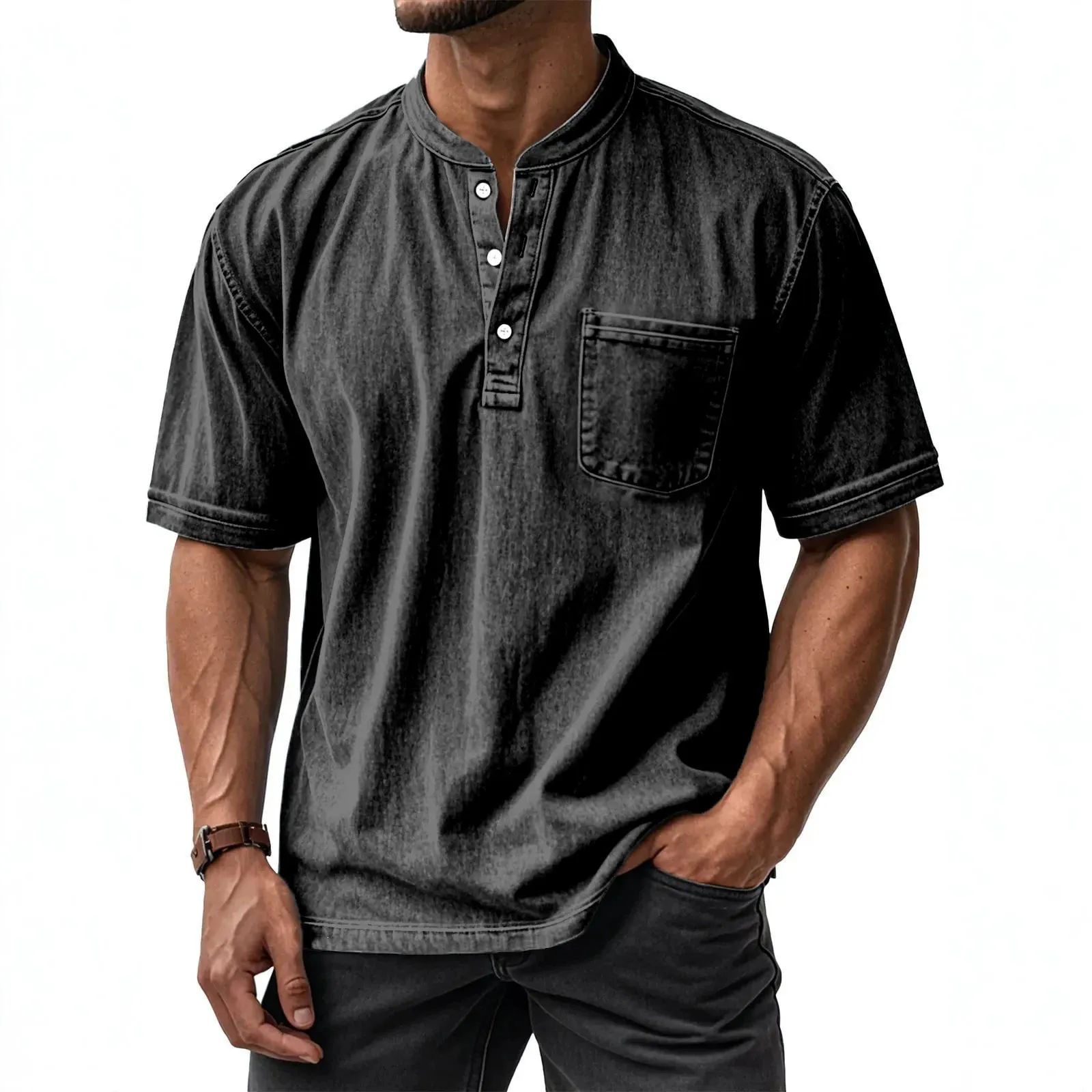 Men's Casual Short Sleeve Button Polo Shirt Solid Color Loose Fit Summer Breathable Comfortable Apparel Top