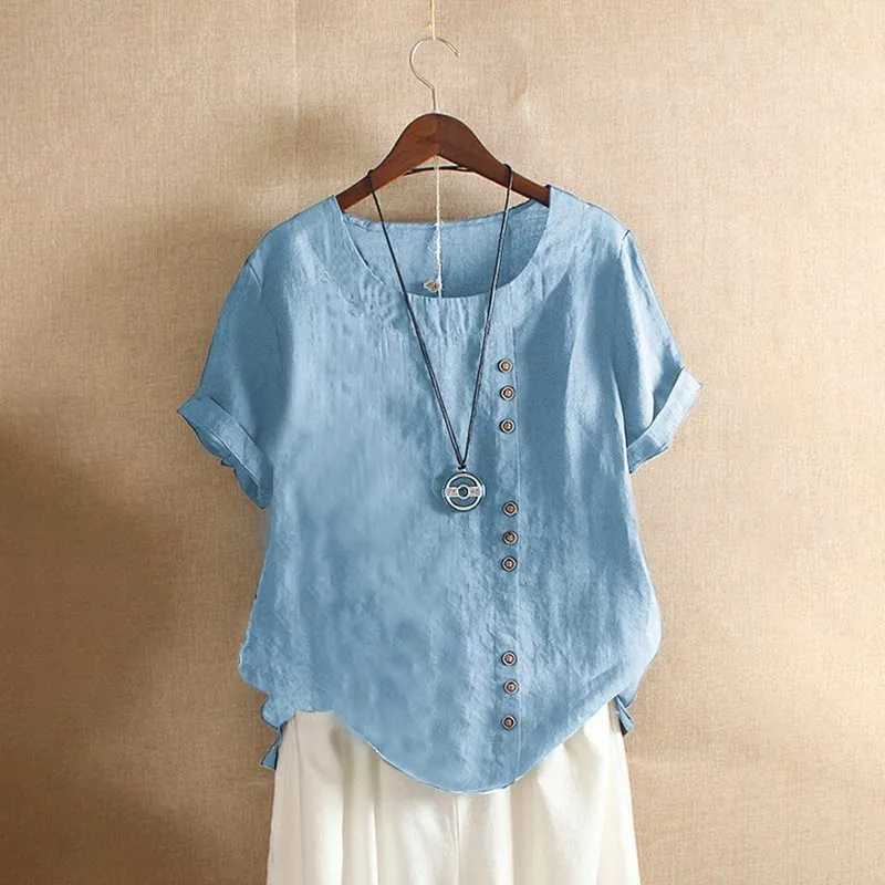 Dames Casual Losse Katoenmix T-Shirt Effen Kleur Korte Mouw Ronde Hals Patchwork Top Dagelijks Basis Kleding