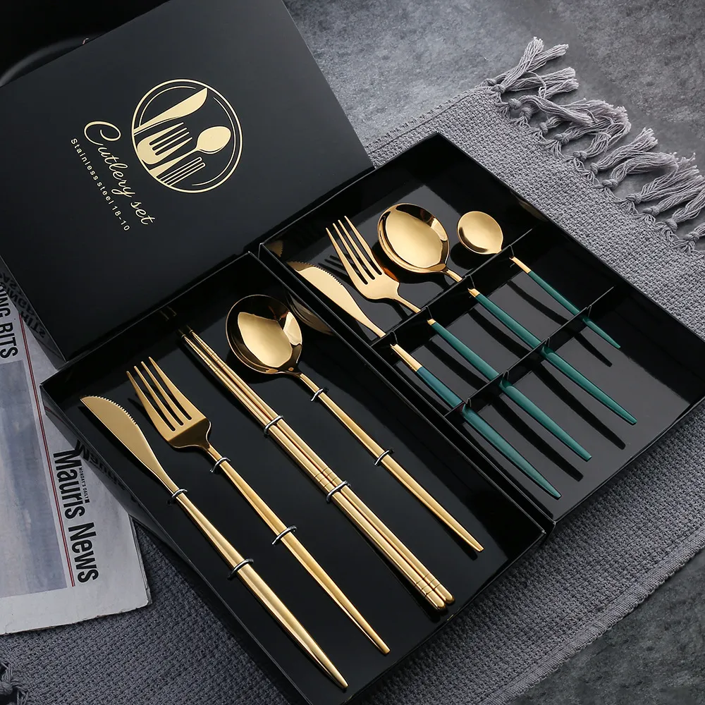 Stainless Steel Tableware Set Portuguese Style Knife Fork Spoon Chopsticks Gift Box Glossy Cutlery Set Kitchen Dining