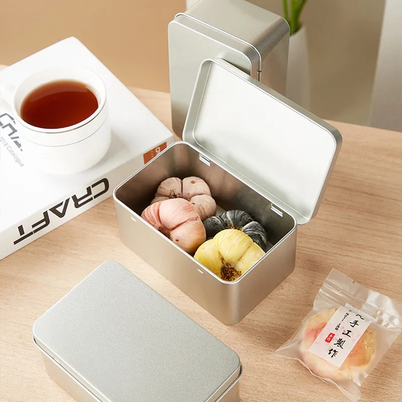 Silber Rechteckige Weißblech Aufbewahrungsbox Metall Klappdeckel Blechdose Für Lebensmittel Snacks Tee Hardware Organizer Behälter