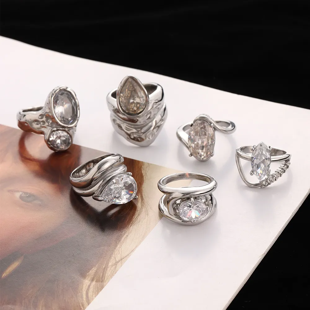 Minimalistischer Edelstahl Offener Ring Für Frauen Silber Beschichtet Wassertropfen Zirkon Strass Mode Schmuck Finger Ring Geschenk