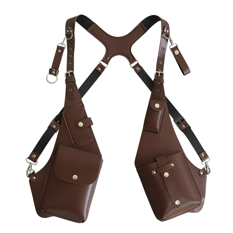 Men PU Leather Retro Double Shoulder Harness Bag Multi Pocket Chest Bag Casual Underarm Crossbody Backpack