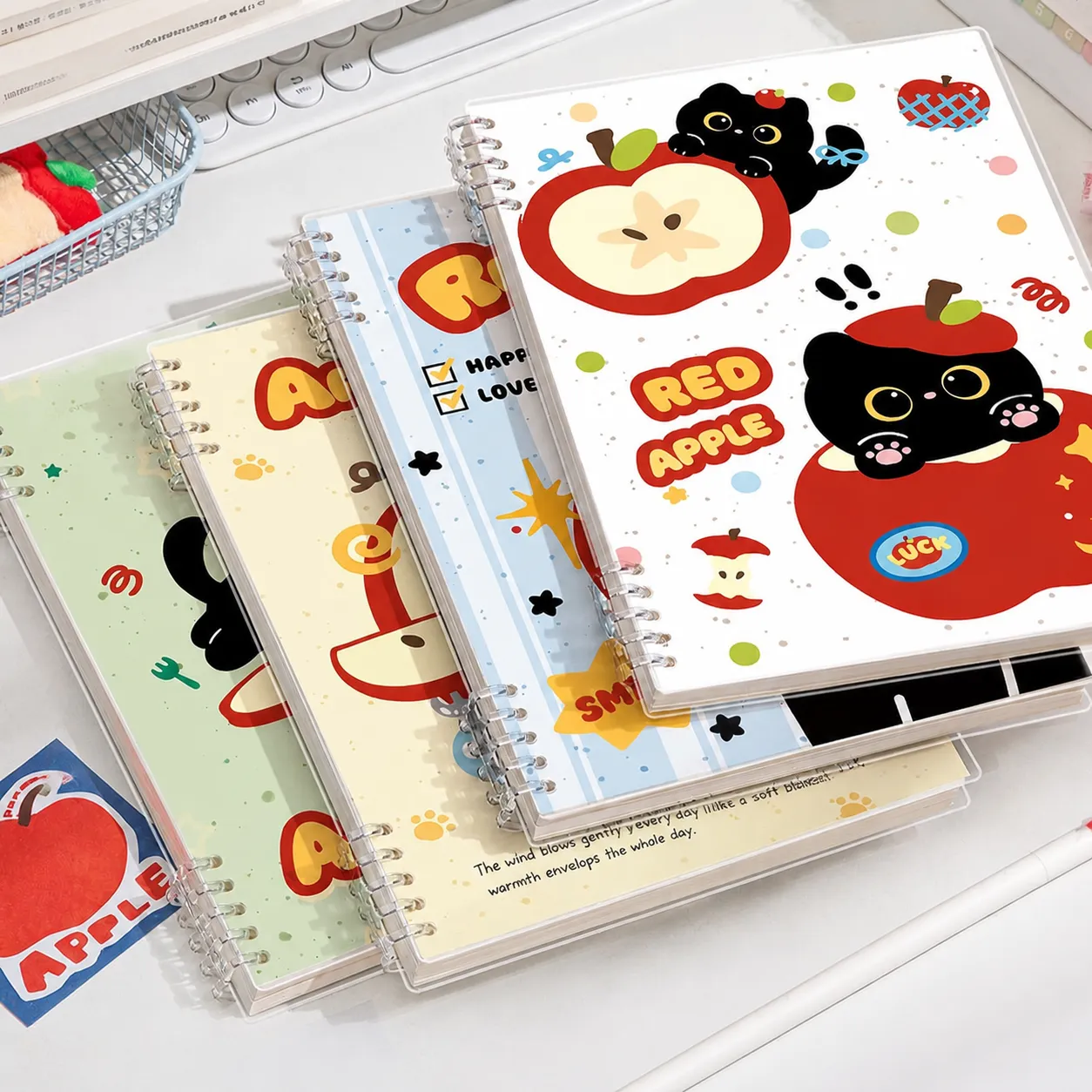Schattige Kat Appel Ringband Notitieboek B5 A5 Dagboek Houtvrij Papier Cartoon Student Schrijfboek