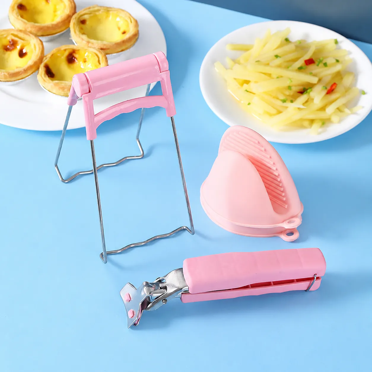 Stainless Steel Anti Scald Bowl Clip Multi Functional Dish Lifter Kitchen Tool Heat Insulation Silicone Pad Glove