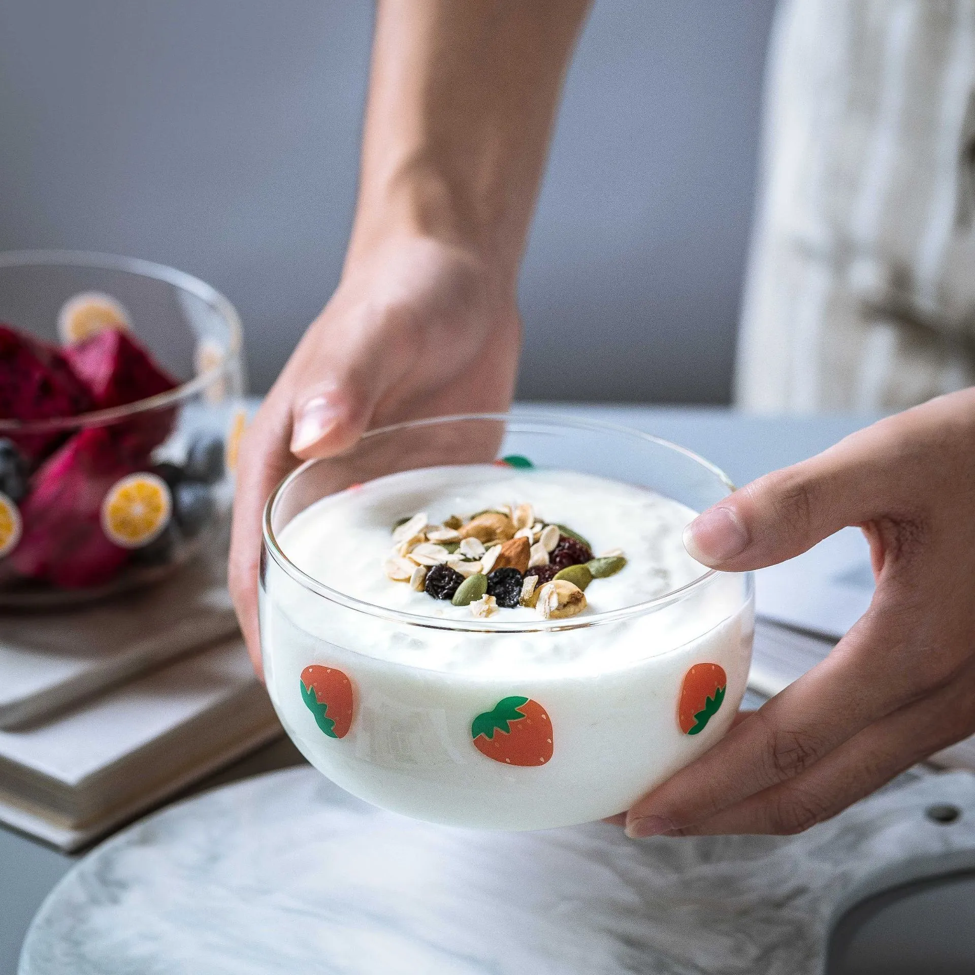 Bol en Verre à Motif de Fruits Mignon Bol en Verre Borosilicate Résistant à la Chaleur Pour Salade de Fruits Dessert Riz Cuisine