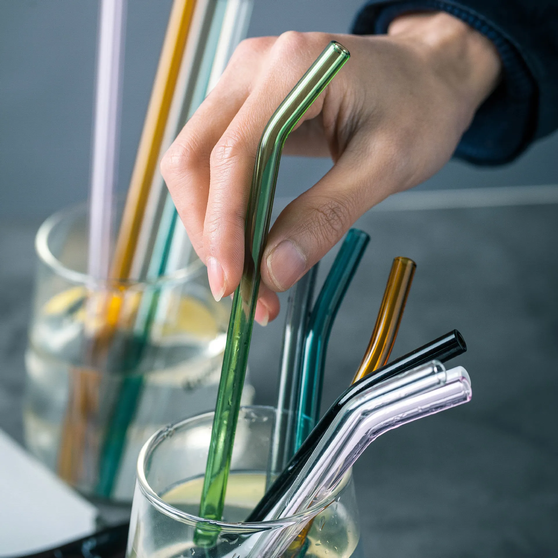 Colorful High Borosilicate Glass Drinking Straws Reusable Straight And Bent Straws For Juice Beverages Eco-Friendly Bar Drinkware