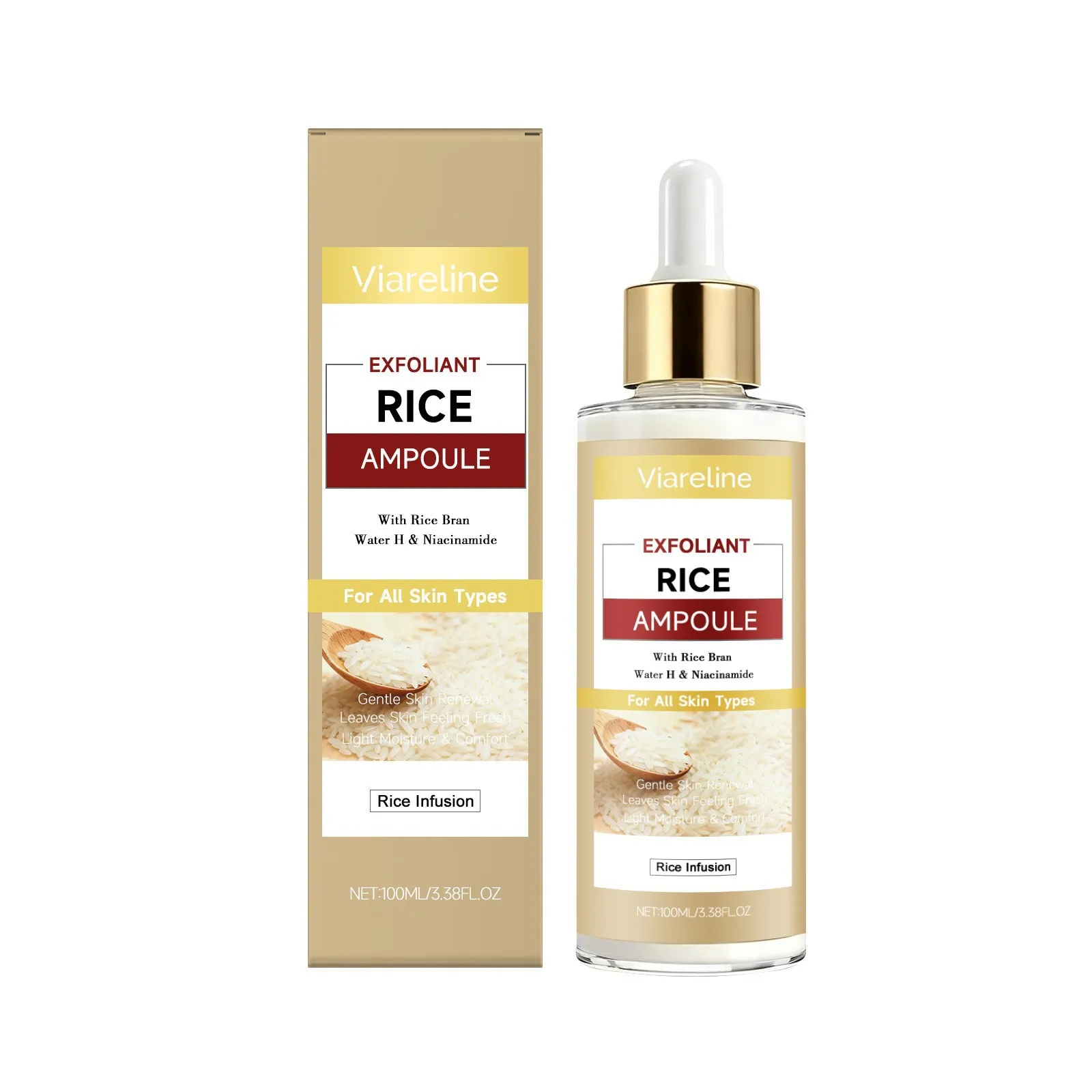 Siero Viso Esfoliante al Riso Viareline Essenza Viso Idratante Illuminante Niacinamide Liquido Cura della Pelle Flacone Contagocce
