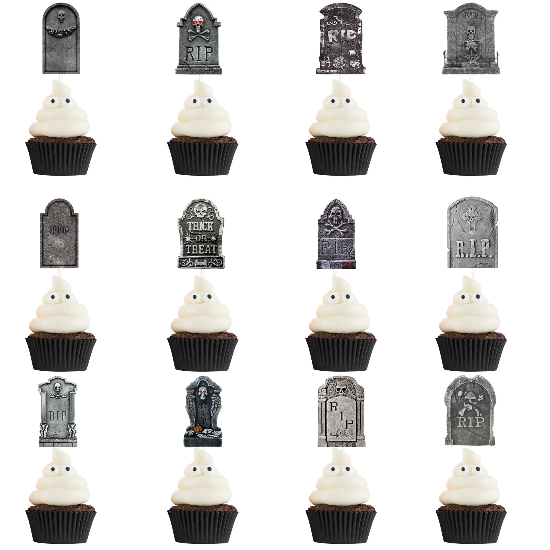 Halloween Tombstone Cupcake Toppers Paper Horror RIP Pattern Cake Picks For Party Baking Decoration Supplies