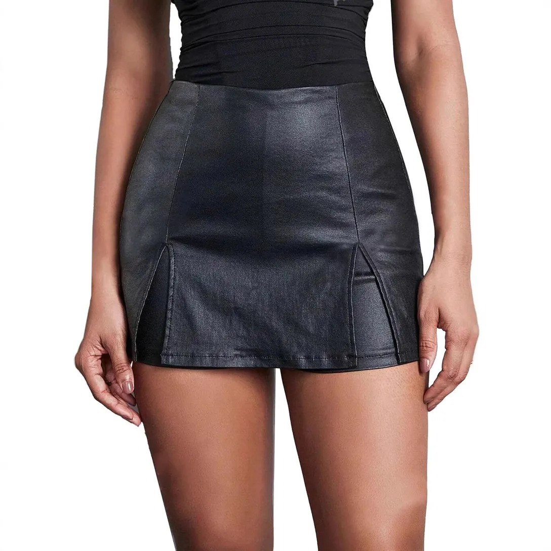 Vrouwen Lage Taille PU Leer Heupomslaggend Plissé Minirok Sexy Slim Fit Korte Rok Stedelijke Stijl Feest