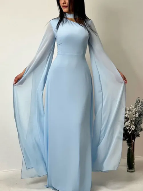 Women Casual Elegant Long Sleeve Chiffon Spliced Slim Maxi Dress Solid Color Formal Evening Party Dress