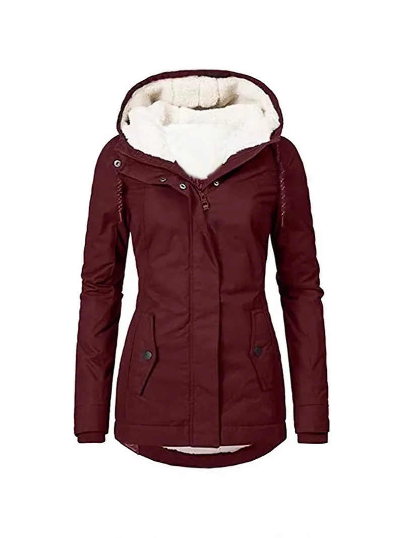 Women's Winter Hooded Mid Length Padded Jacket Thick Fleece Lined Casual Warm Zip Up Cotton Coat With Pockets
