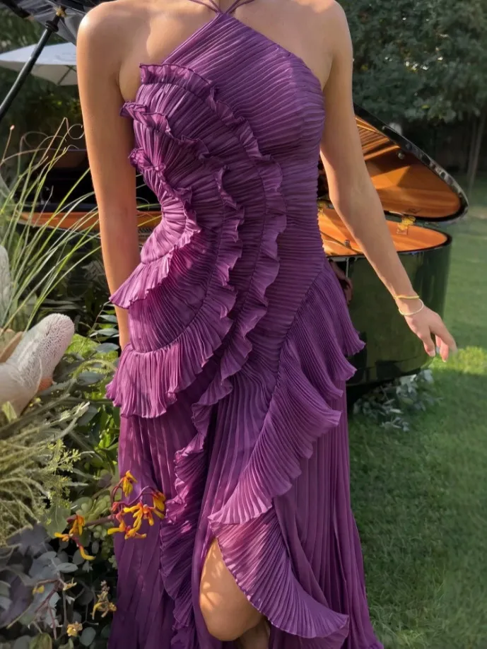 Women Summer Halter Pleated Ruffle Chiffon Long Dress Elegant Sleeveless High Waist Party Vacation Maxi Dress