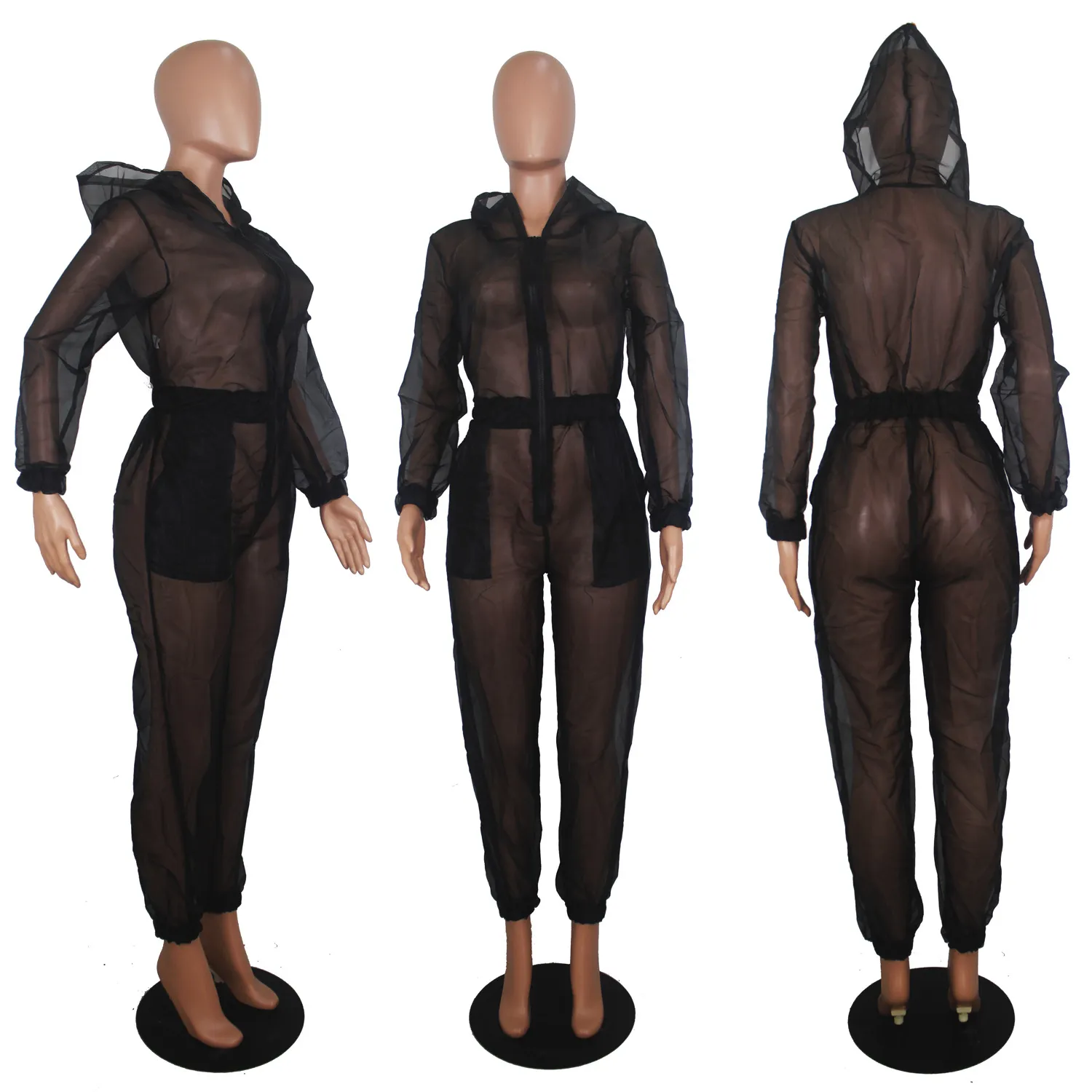 Damen Sexy Transparenter Mesh mit Kapuze Jumpsuit Langarm Slim Fit Reißverschluss Einteiler Romper Club Party
