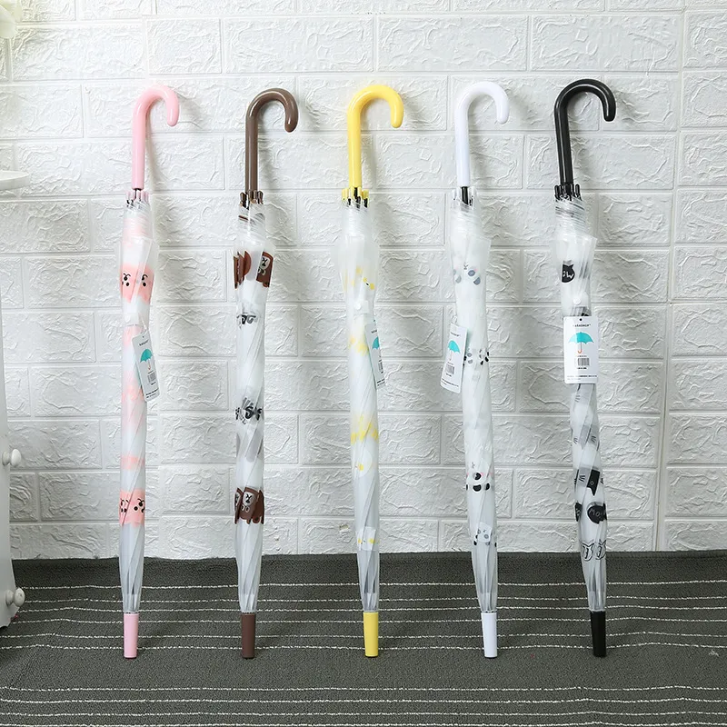 Ombrello a Manico Lungo con Animali Cartoon Trasparente POE Ecologico Struttura in Metallo Protezione Sole Pioggia Ombrello Casual per Esterno