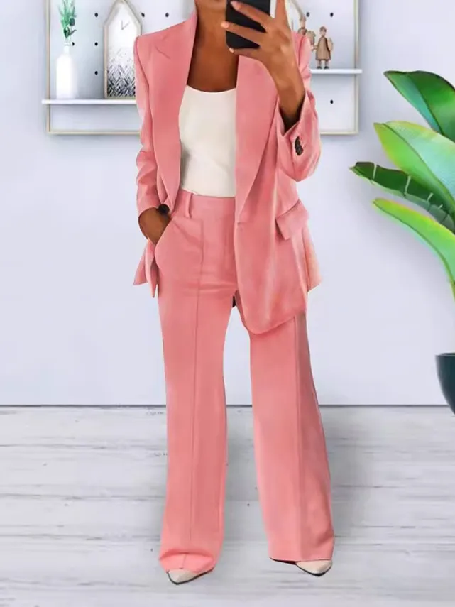 Women's Casual Blazer and Pants Suit Fashion Solid Color Slim Open Front Jacket Long Trousers Two Piece Set