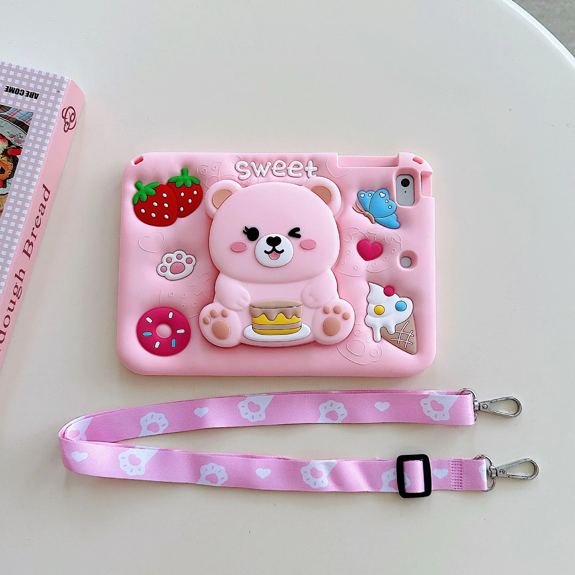 Custodia per Tablet in Silicone con Orso Cartone Animato Rosa con Supporto Slot per Penna e Cordino per Modelli Samsung e Ipad