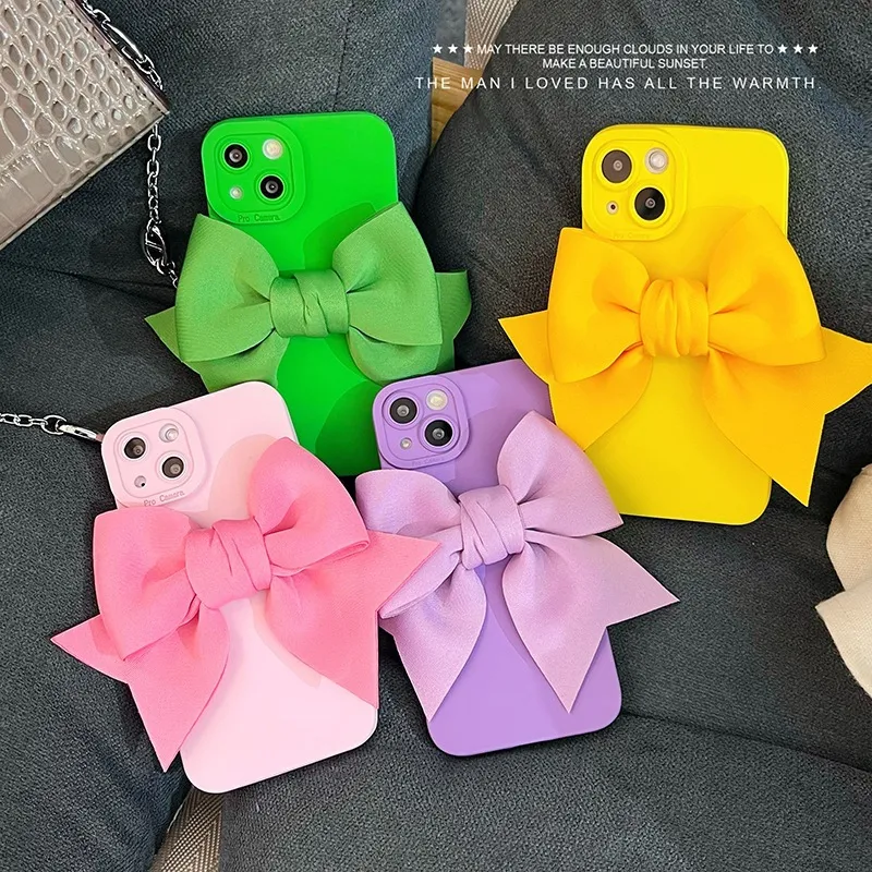 Custodia per Telefono in Silicone con Fiocco 3D Ins Per iPhone 15 14 13 12 11 Pro Max XR XS Simpatico Fiocco Copertura Protettiva Morbida Donna