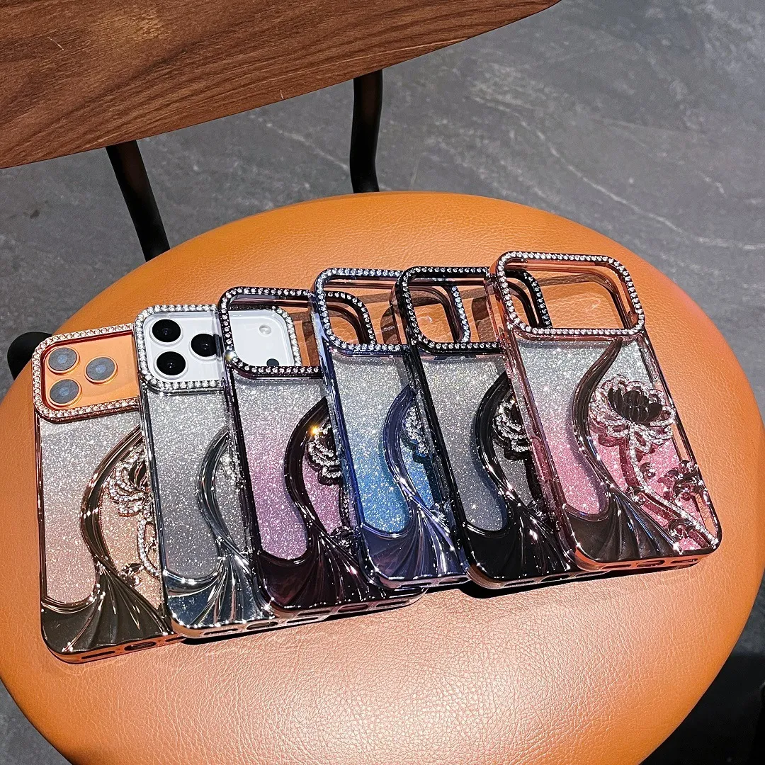 Coque de Téléphone en TPU Électroplaqué Strass Vigne Florale Paillettes Dégradé Pour iPhone Housse de Protection Antichute