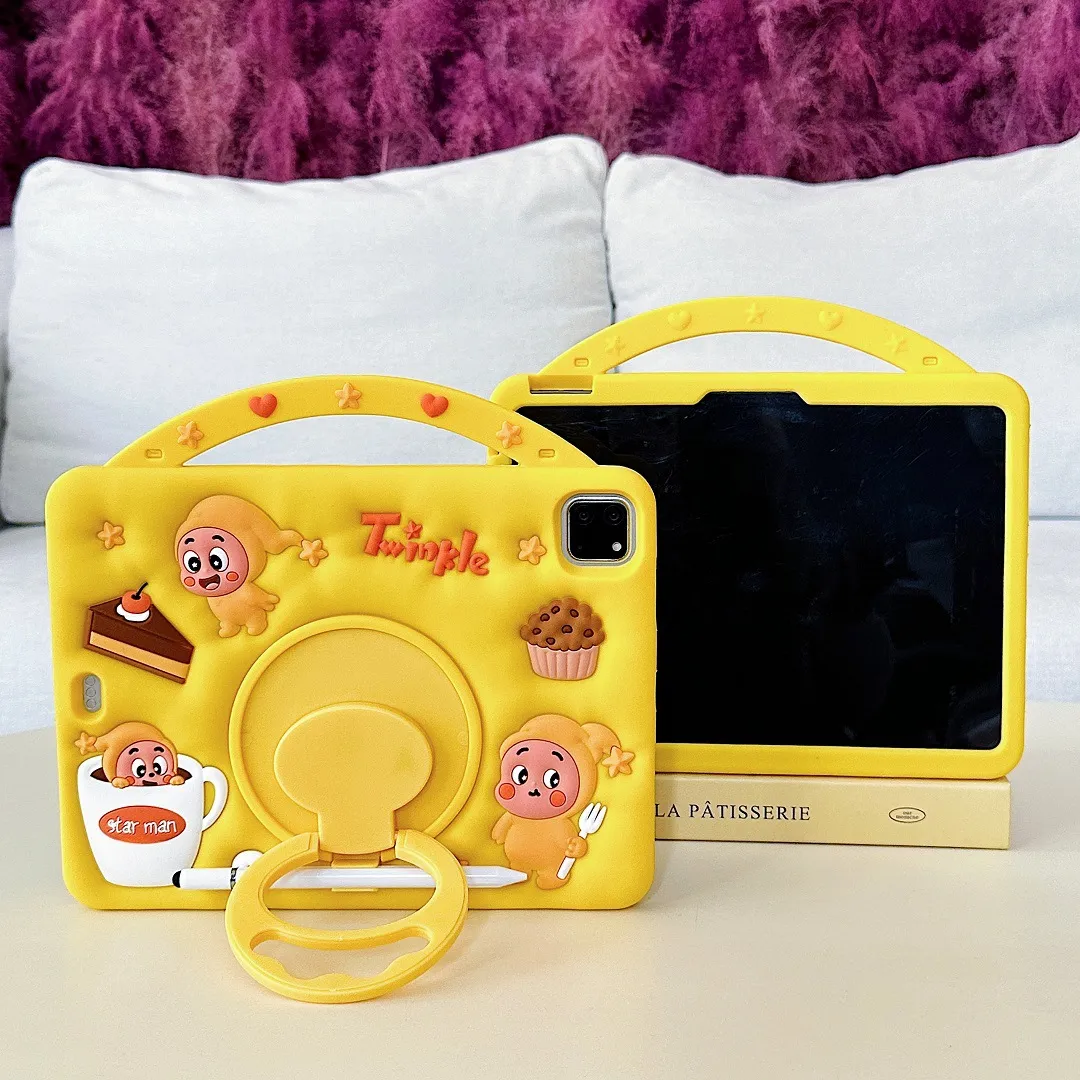 Yellow Silicone Tablet Case With Rotating Stand And Handle Cute Cartoon Design Shockproof Protective Cover For iPad