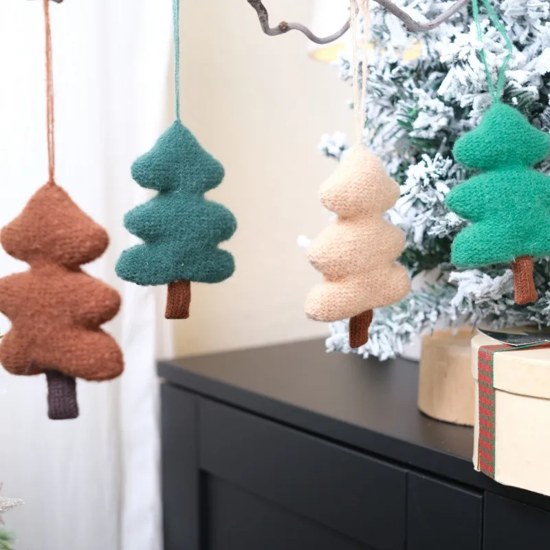Pendentif Arbre de Noël Tricoté Couleur Unie Ornement Suspendu en Fil de Laine Mignon pour Fenêtre d'Hôtel Fête de Vacances Décoration Maison