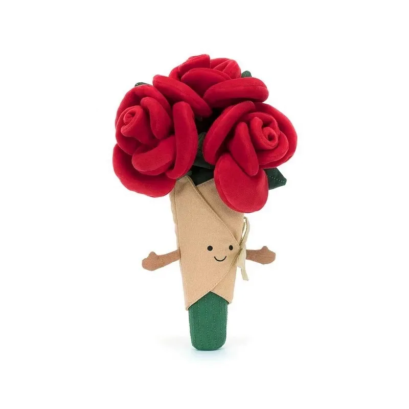Bouquet de Fleurs de Rose en Peluche Jouet Plante Rembourré avec Visage Souriant Mignonne Douce Poupée Cadeau de Saint-Valentin Décoration de Fête de Mariage