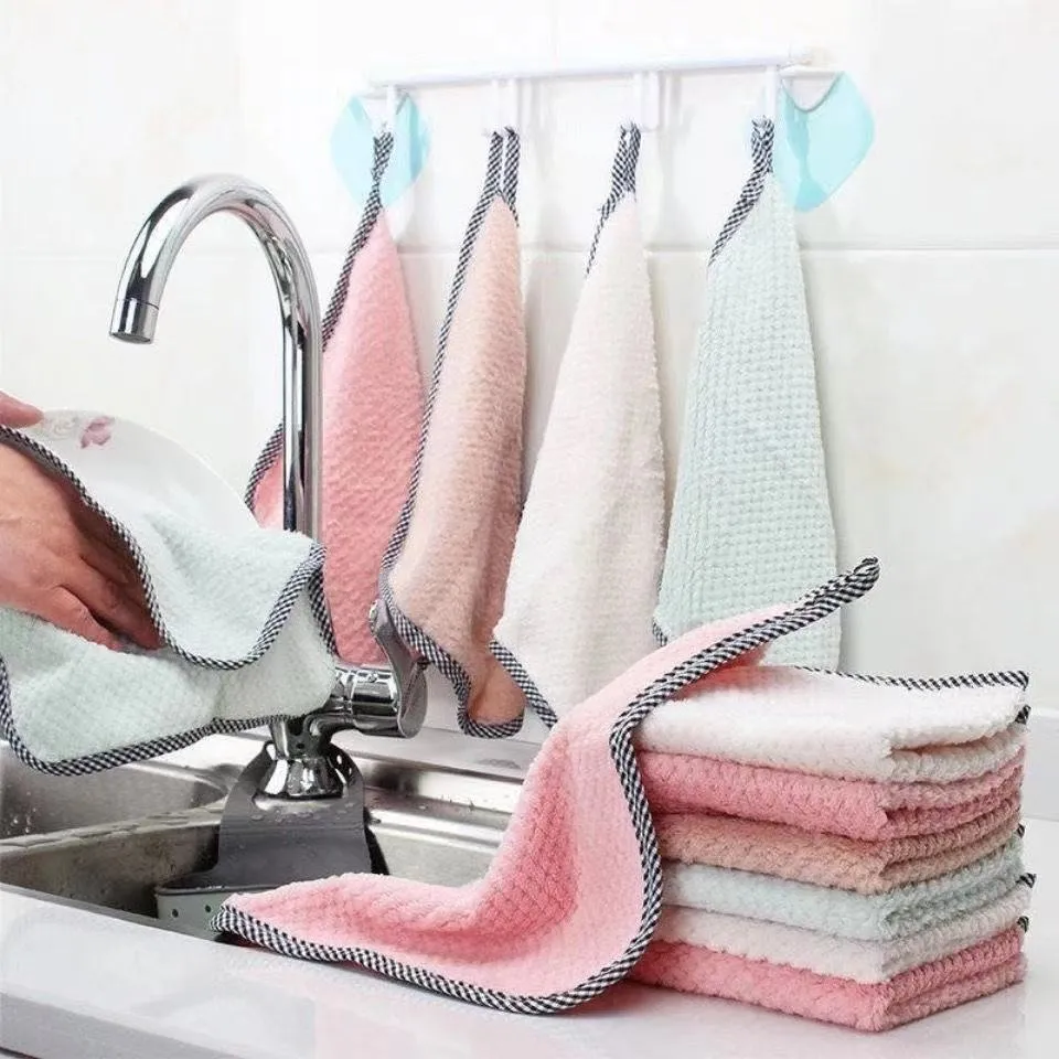 Thickened Microfiber Dishcloth Kitchen Cleaning Towel Absorbent Wipe Cloth With Plaid Binding For Home Daily Use