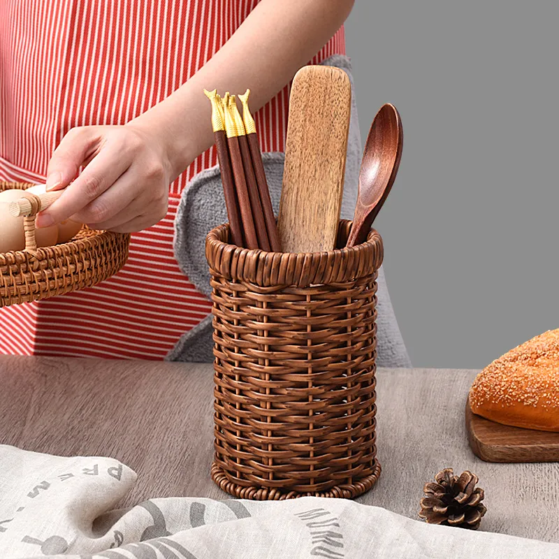 Polypropylene Imitation Rattan Chopsticks Holder Kitchen Tableware Draining Storage Basket Organizer Countertop